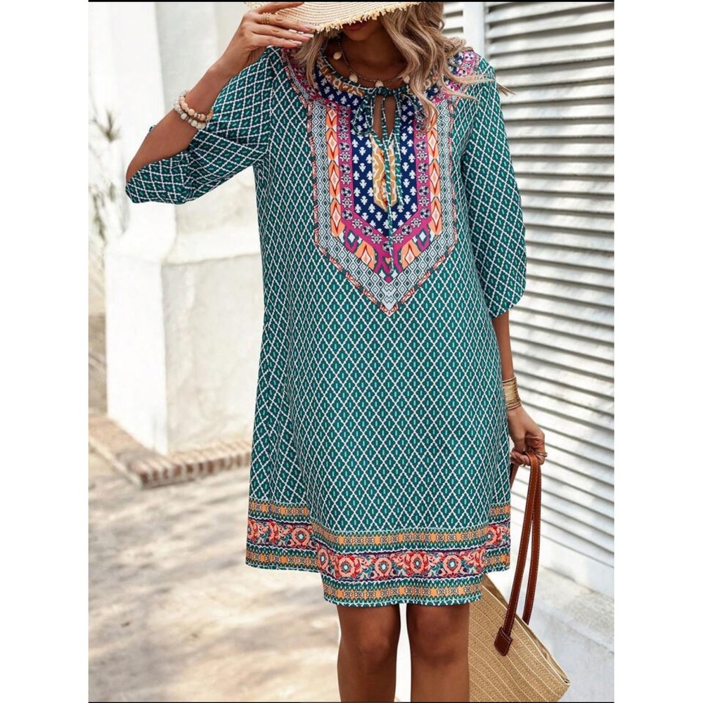 Women's Plus 0X Geometric Bohemian Shift Midi‎ Dress Ruched 3/4 Sleeve Peasant